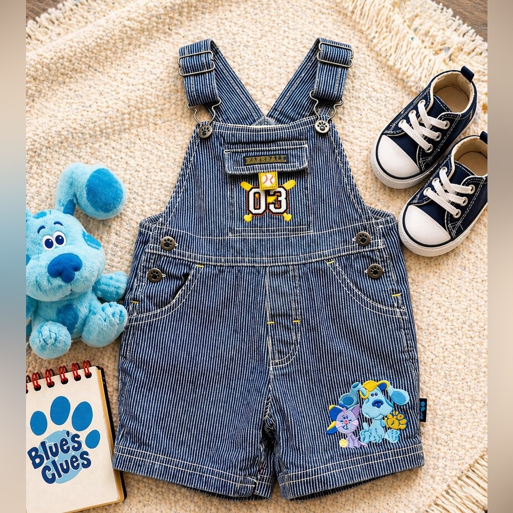 VINTAGE Nickelodeon 2003 Blue’s Clues Hickory Stripe Overalls size 12 months